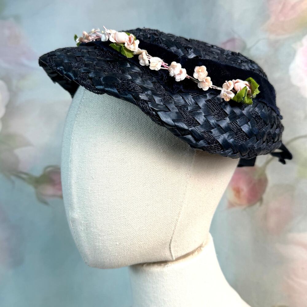 Vintage 40s Navy Blue Straw Flower Detail Velvet … - image 1